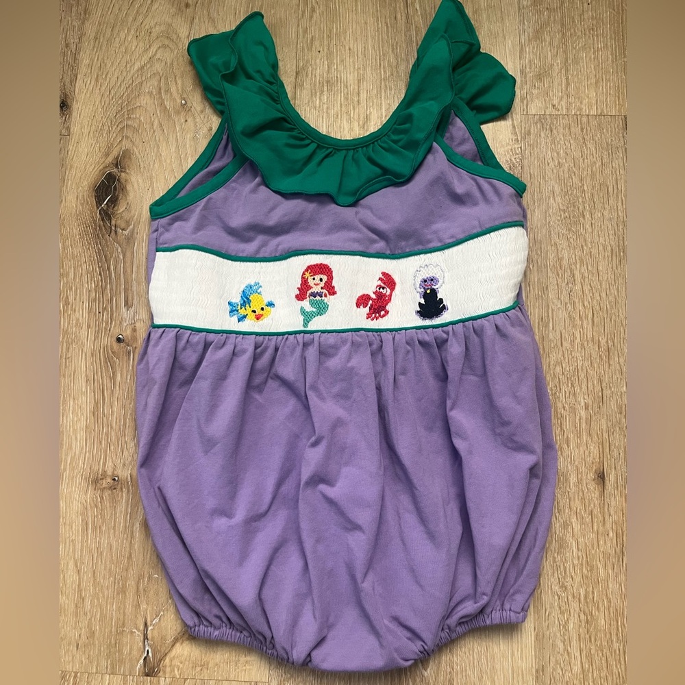 MK Clothing Designs smocked Little Mermaid toddler girl bubble romper. Purple